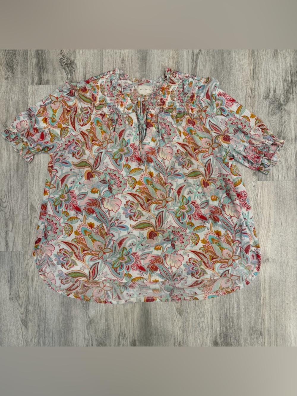 Melloday Floral Boho Blouse Ruffle Neck‎ Tie Top Cottagecore Size L